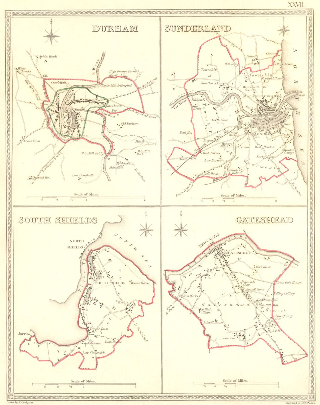 DURHAM; SUNDERLAND; SOUTH SHIELDS; GATESHEAD.  1835 old antique map plan chart